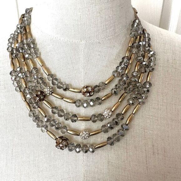 Gold tone and grey multi strand statement necklace - Picture 1 of 9